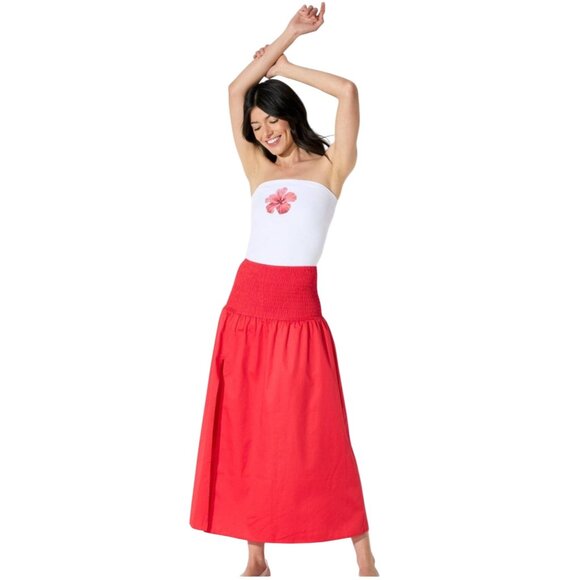Wild Fable Women’s Medium Smocked Waist Midi Skirt Cherry Red Side Slit - Picture 2 of 7